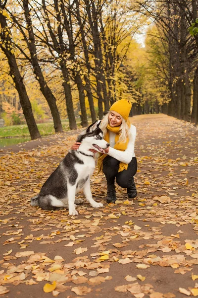 Glückliche Frau Mit Hund Umarmt Draußen — Stockfoto