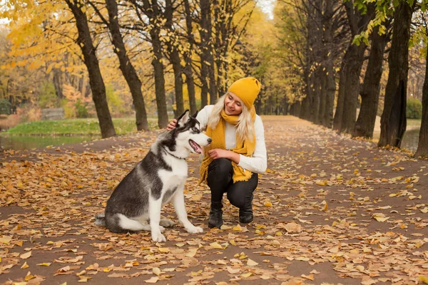 Hübsche Frau Und Hund Husky Herbstpark — Stockfoto