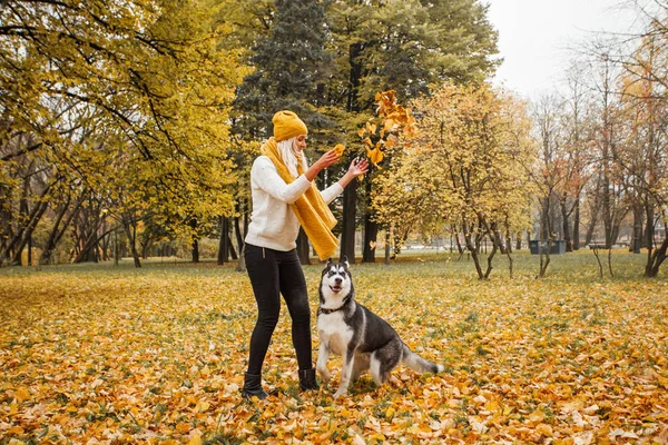 Mulher Alegre Cão Husky Brincando Juntos Livre Parque Outono — Fotografia de Stock