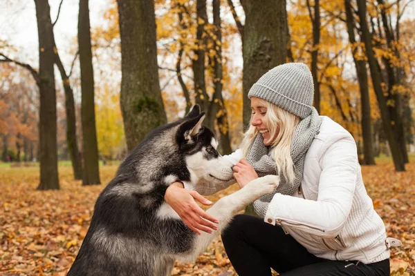 Perro Una Mujer Pata Parque Otoño Aire Libre —  Fotos de Stock