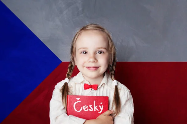 Czech Concept Little Girl Student Book Czech Flag Background Learn — Stock Photo, Image