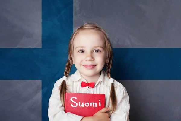 Lära Sig Finska Språket Smart Barn Flicka Finlands Flagga Bakgrund — Stockfoto