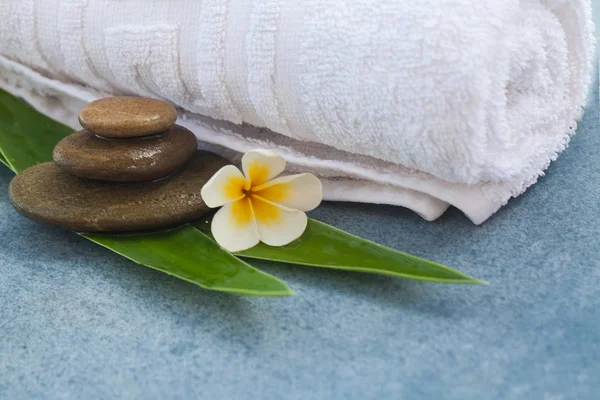 Objetos Spa Para Masajes Con Piedras Hojas Azul —  Fotos de Stock