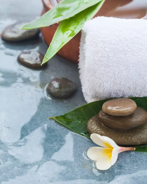 Set Für Massagen Mit Handtuch Und Tropischer Blume — Stockfoto