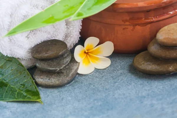 Tropische Wellness Objekte Für Massage Mit Sonnenlicht Auf Blauem Tischhintergrund — Stockfoto