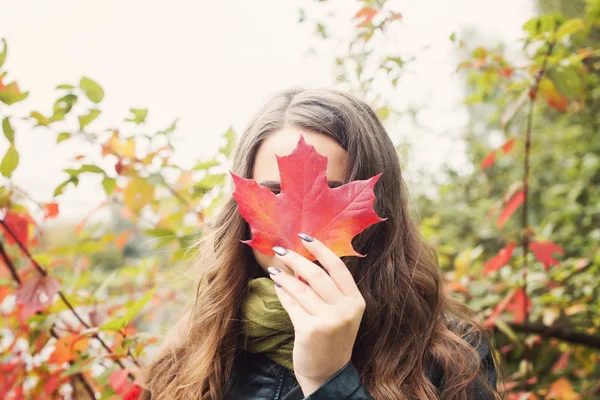 Beautiful Woman Holding Fall Leaf Autumn Concept — Stock Photo, Image