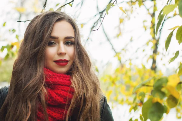 Açık Kırmızı Yün Ipek Eşarp Sonbahar Parkta Giyen Genç Kadın — Stok fotoğraf