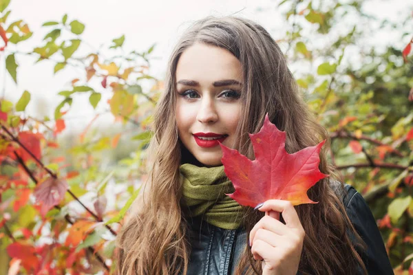 Молодая Красивая Женщина Красным Кленом Осенний Лист Открытом Воздухе — стоковое фото