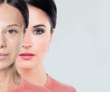 Genç ve yaşlı kadın. Yaşlanma ve gençlik kavramı. Önce ve sonra Gençlik ve yaşlılık. Yaşlanma ve gençleşme sürecinin