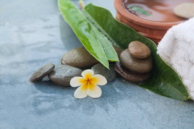 Spa nesneleriyle tropikal yaprak ve çiçek