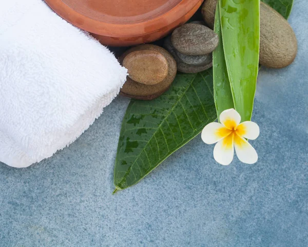 Stenar Och Organiska Blomma För Massage Behandling Blå Bakgrund — Stockfoto