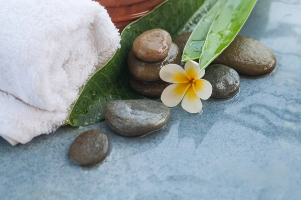Fleurs Tropicales Objets Spa Pour Massage Détente Sur Fond Table — Photo