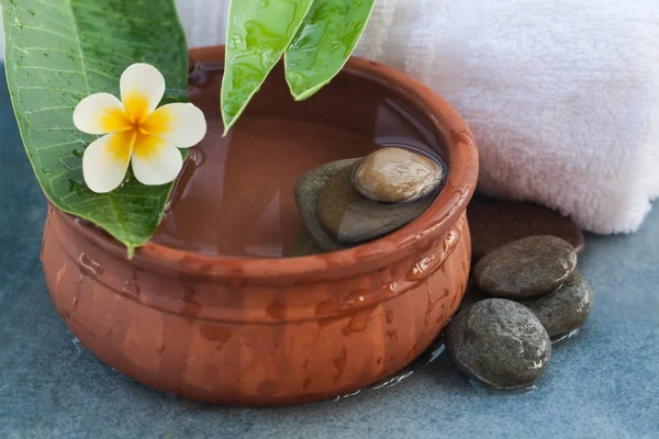 Tropische Blätter Mit Blüten Und Steinen Für Massageanwendungen Auf Blauem — Stockfoto