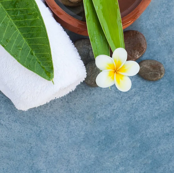 Spa Set Met Tropische Bloem Voor Relax Massage Lichaamsbehandeling Blauwe — Stockfoto