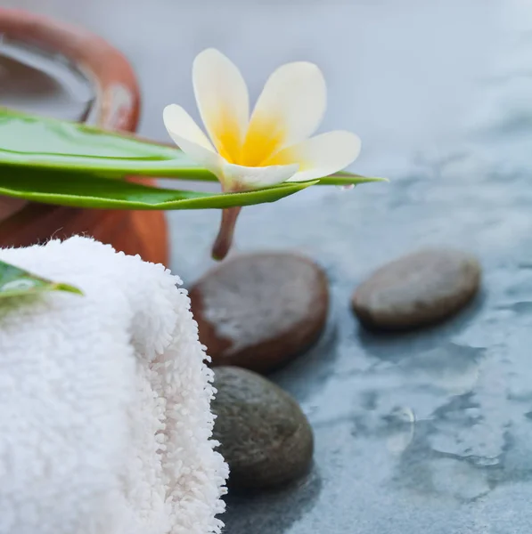 Objetos Tropicales Flores Spa Para Tratamiento Masajes Sobre Fondo Mesa —  Fotos de Stock