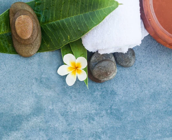 Vista Superior Objetos Spa Flor Pedras Para Salão Massagem Fundo — Fotografia de Stock