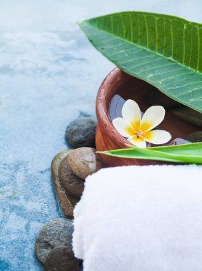Spa tropikal çiçek nesneleri ve taşlar mavi arka plan üzerinde relax masaj tedavisi için.