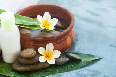 Spa ya da sağlık çiçeklerle tropikal yaprak ve taşlar. Vücut bakımı ve spa kavramı mavi