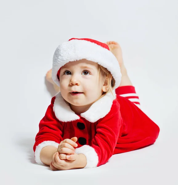 Lachende Baby Kerstmuts Witte Achtergrond Kerstmis Portret — Stockfoto