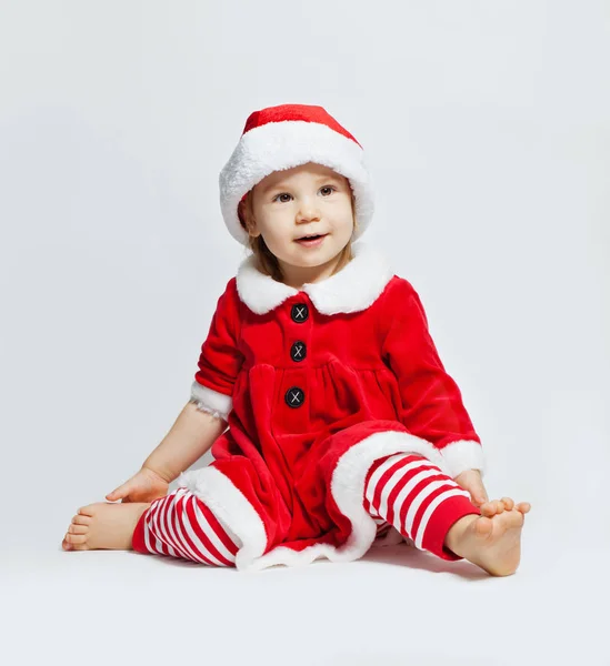 Schattig Kind Meisje Kerstmuts Witte Achtergrond — Stockfoto