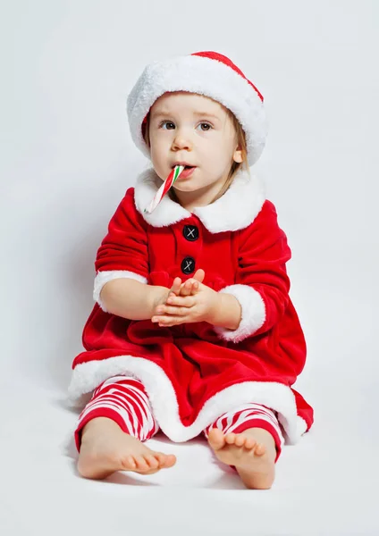 Kerst Portret Van Vrolijk Kind Dragen Kerstmuts Witte Achtergrond — Stockfoto