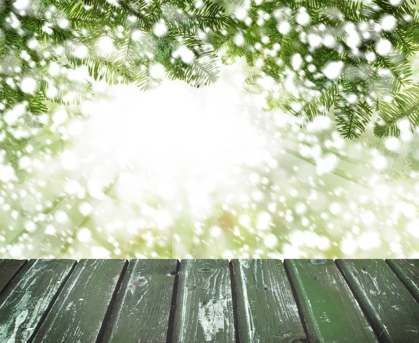 Jul Bakgrund Med Tall Träd Gren Snö Och Emty Träskiva — Stockfoto