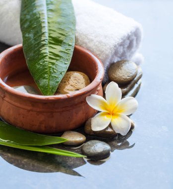 Spa nesneleri ve taşlar, çiçek, havlu, Masaj tedavisi için yapraklarda koyu arka plan.