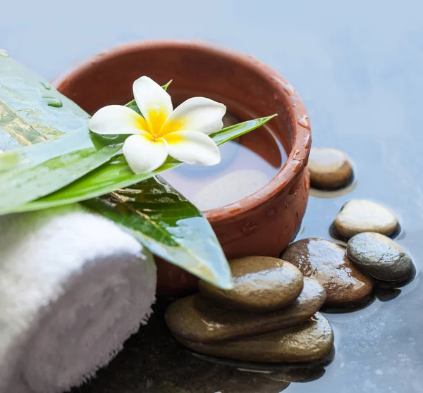 Tropischen Spa Blume Und Steine Für Massage Behandlung Auf Schwarzem — Stockfoto