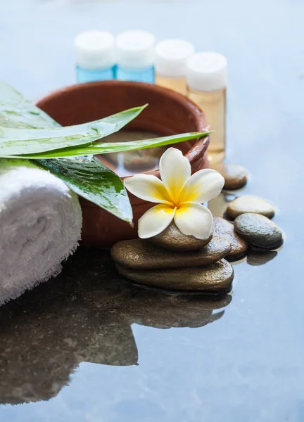 stock image wellness tropical flowers, cream tube and stones. Body care and spa concept