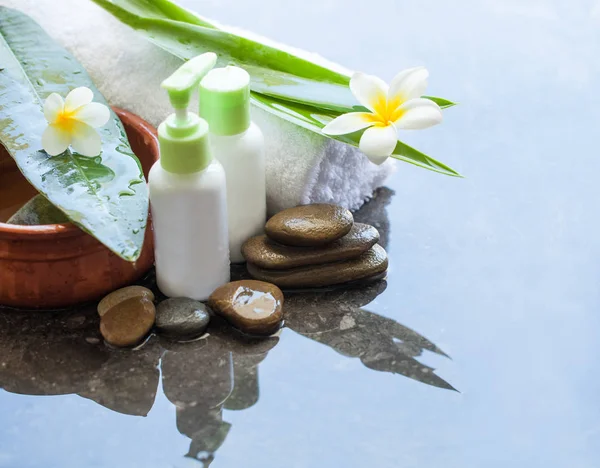 Wasserschale Mit Blumen Handtuch Und Cremetubus Körperpflege Und Wellness Konzept — Stockfoto