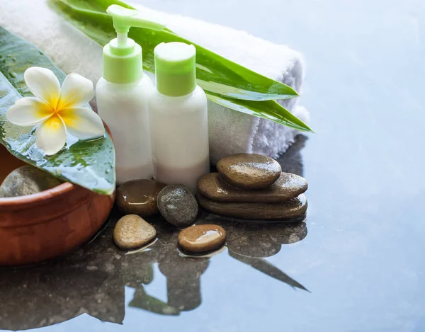 Spa Benessere Con Ciotola Acqua Con Tubi Fiori Asciugamani Crema — Foto Stock