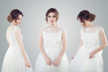 Beyaz düğün elbise portre çekici genç kadın gelin. Güzel kadın model makyaj ve gelin saç modeli ile