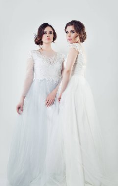 İki sevimli gelin portre. Mükemmel beyaz düğün elbise portre kadınlarda