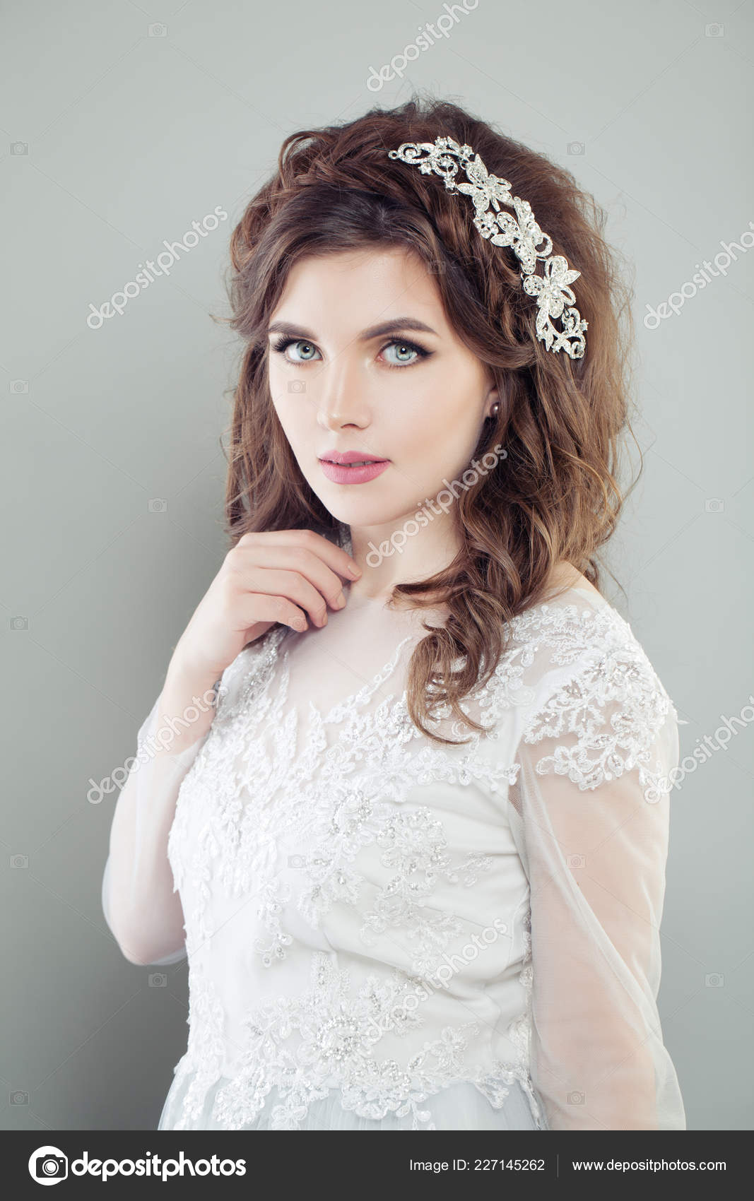 Charming Female Model Bride White Bridal Dress Wedding Hair Makeup