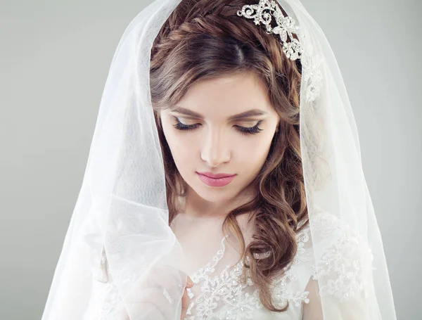 Beautiful Bride Woman Veil Face Closeup Female Portrait — Stock Photo, Image