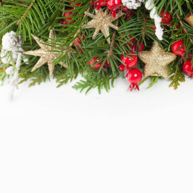 Noel arka plan kopya alanı ile sınır. Yeşil Xmas ağacı dal, kırmızı dut ve beyaz arka plan üzerinde yeni yıl dekorasyon