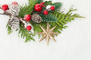 Altın yıldız, kırmızı dut, yeşil çam dal ve yeni yıl dekorasyon Noel beyaz kar arka plan