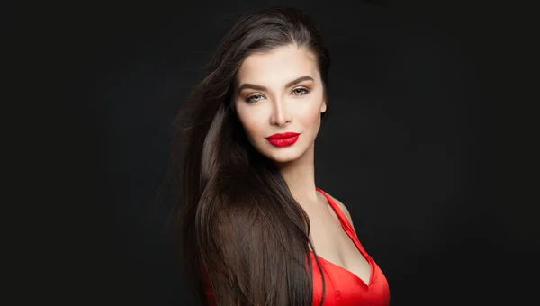 Mooie Brunette Vrouw Met Lang Haar Rode Lippen Make Portret — Stockfoto