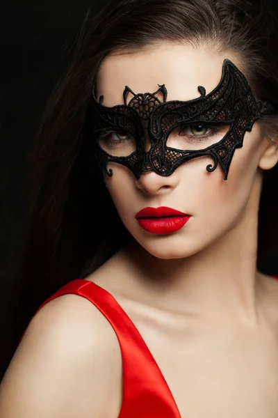 Sexy Brunette Woman Carnival Mask Female Face Closeup — Stock Photo, Image