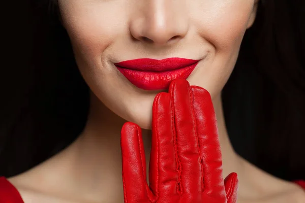 Lèvres Rouges Souriantes Gros Plan Maquillage Lèvres Rouges — Photo