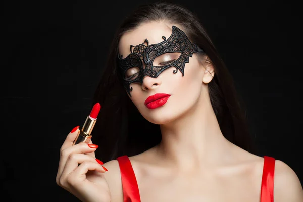Perfecte Vrouw Carnaval Masker Met Rode Lippenstift Fashion Make Rode — Stockfoto