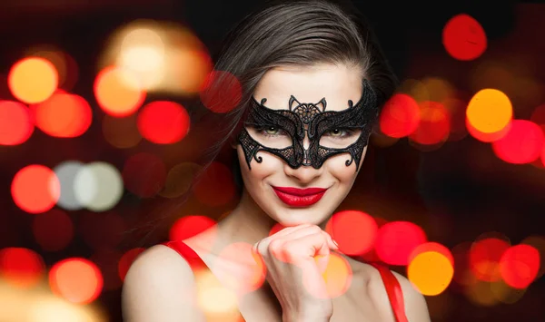 Gelukkige Vrouw Carnaval Masker Abstracte Nacht Sparkle Achtergrond — Stockfoto