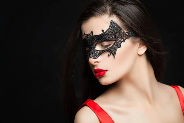 Glamorous Fashion Model Vrouw Carnaval Masker Zwarte Achtergrond Met Abstracte — Stockfoto