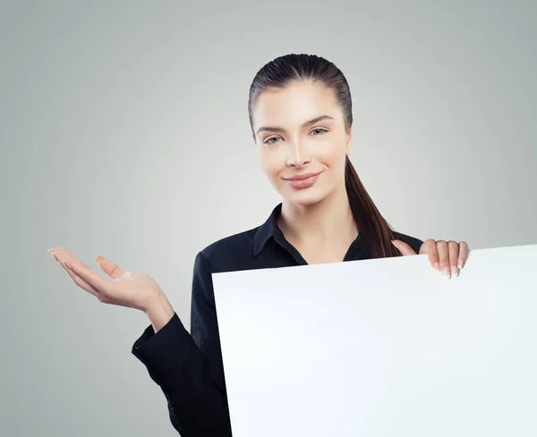 Cute Business Woman Empty Open Hand White Blank Paper Banner — Stock Photo, Image