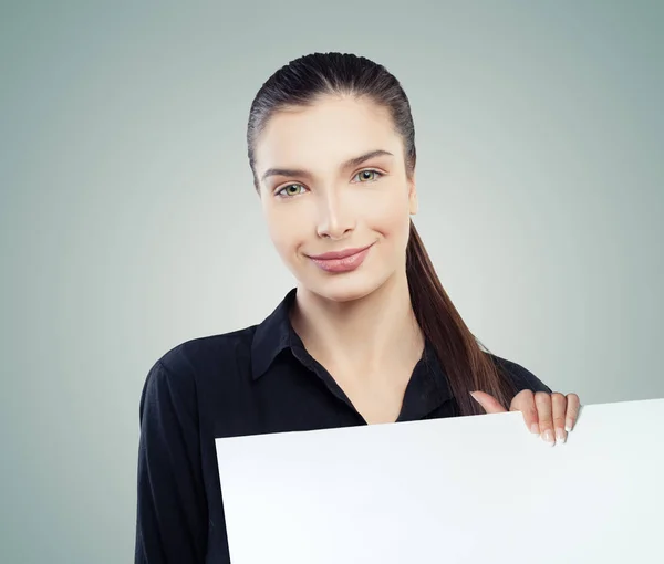 Cute Businesswoman Holding White Empty Paper Board Background Copy Space — Stock Photo, Image