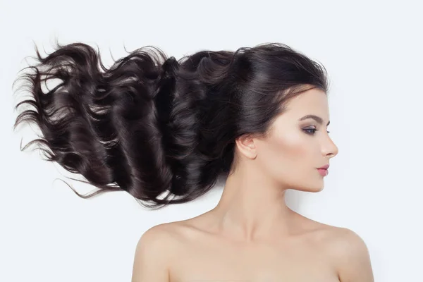 Young Perfect Female Face White Cute Woman Blowing Curly Hair — Stock Photo, Image