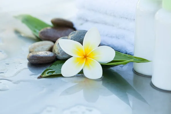 Ambiente Spa Com Flores Tropicais Toalha Tubo Creme Cuidado Corporal — Fotografia de Stock