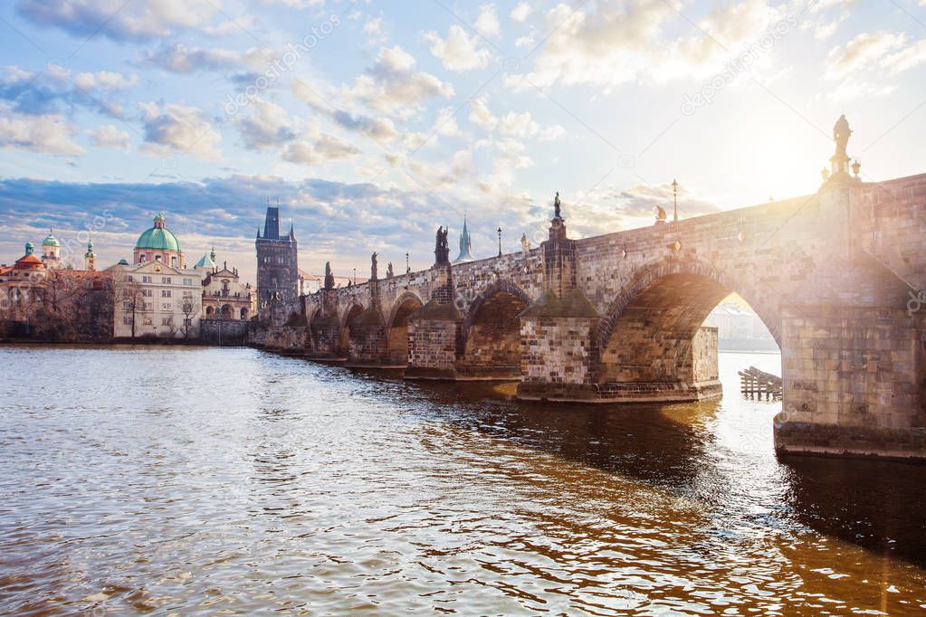 Vltava river and Charles Bridge against the sky in Prague Czech Republic, spring season, march