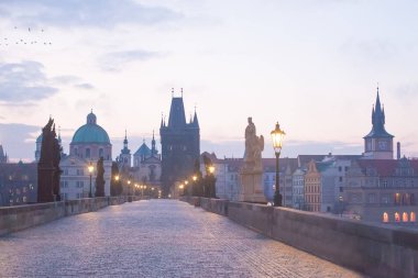 Prag Çek Cumhuriyeti'nde gece Charles Köprüsü. Prag yerler