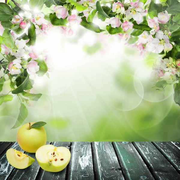 Elma Meyve Yeşil Yapraklar Bahar Çiçekleri Ile Arka Plan Karşı — Stok fotoğraf